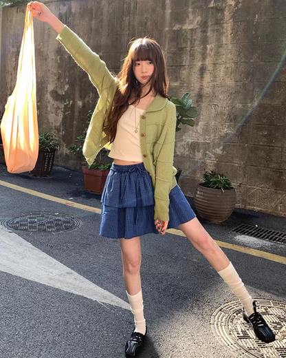 Double Layered Blue Check Skirt  BU0158