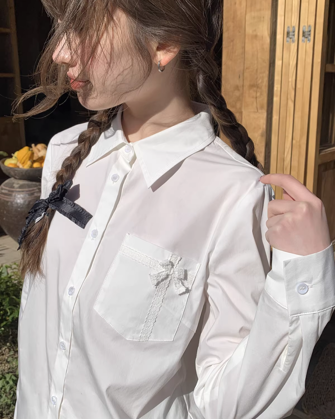 Chest Ribbon White Shirt BU0172