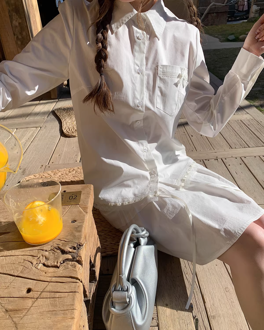 Chest Ribbon White Shirt BU0172