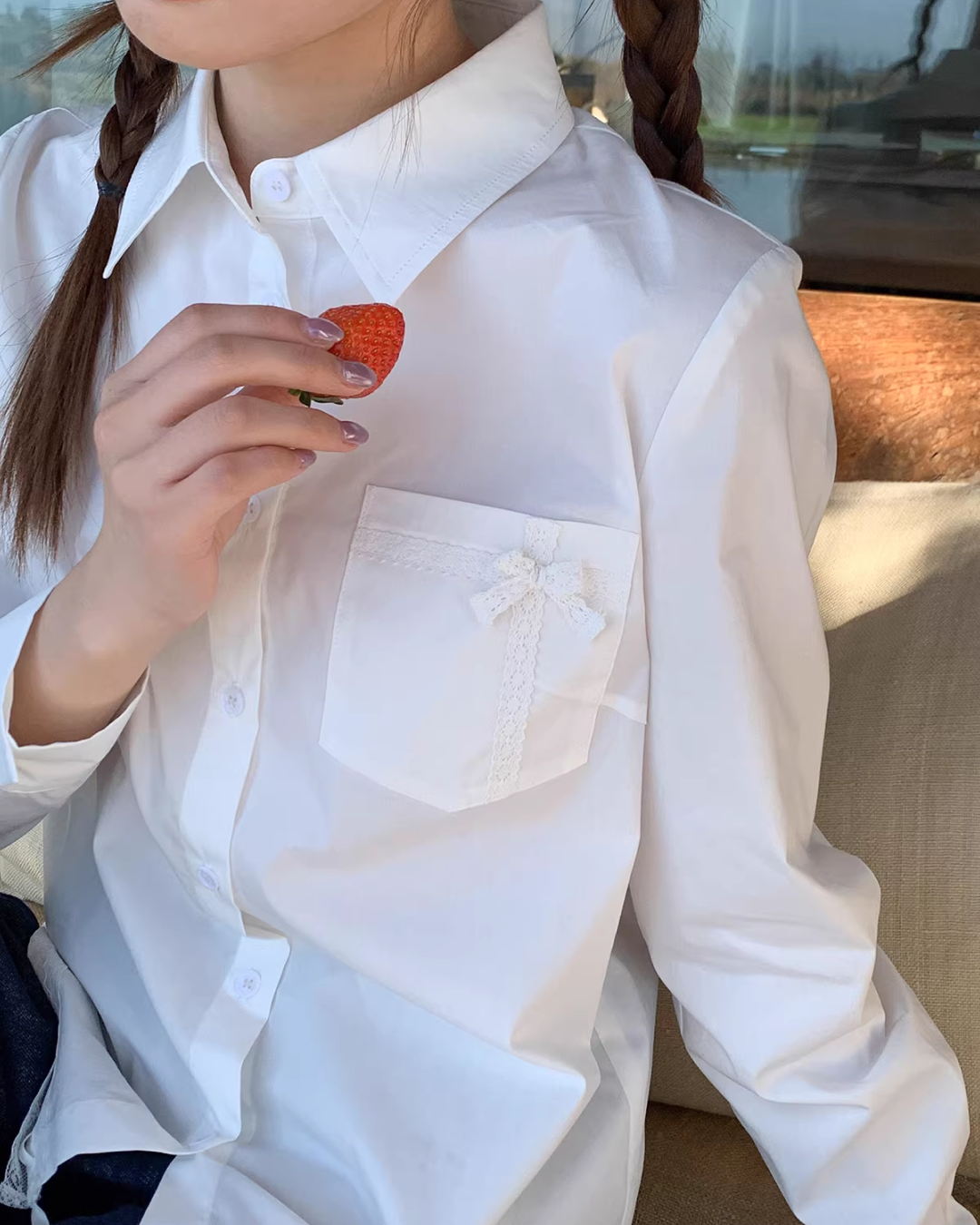 Chest Ribbon White Shirt BU0172