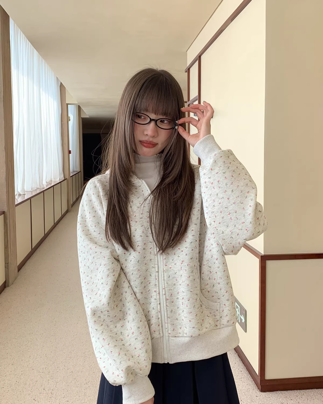 Flower Printed Zip Hoodie BU0177