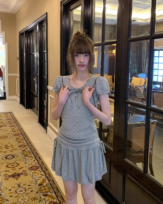 Polka Dots Gray Ribbon T-shirt &  Short Pants BU0178