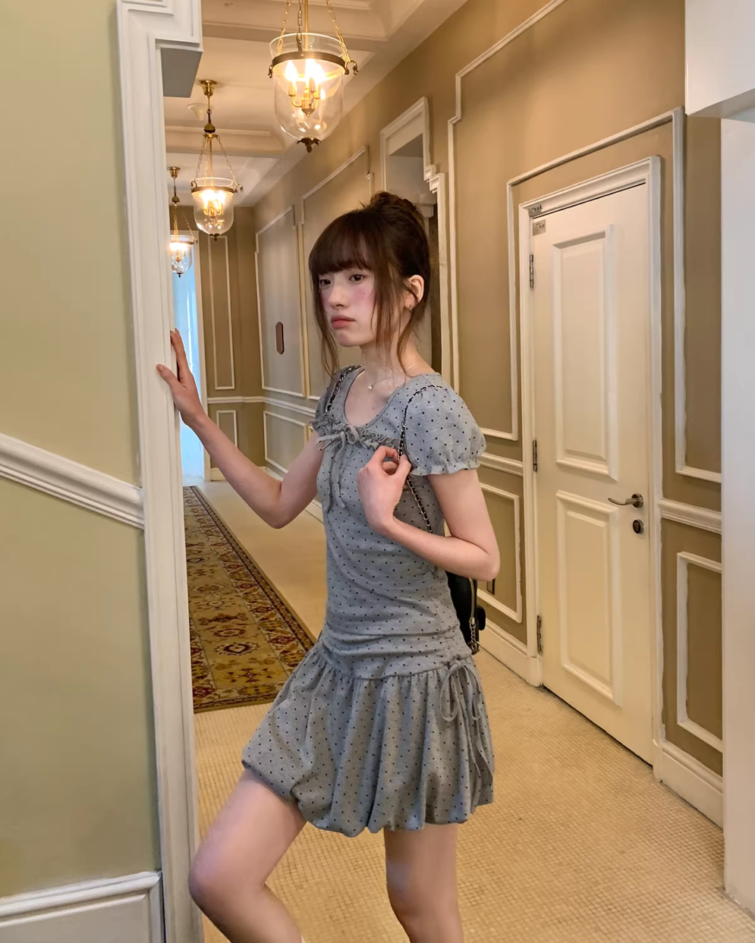 Polka Dots Gray Ribbon T-shirt &  Short Pants BU0178