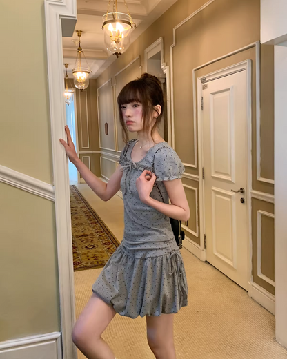 Polka Dots Gray Ribbon T-shirt &  Short Pants BU0178