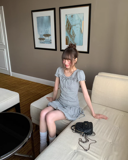 Polka Dots Gray Ribbon T-shirt &  Short Pants BU0178