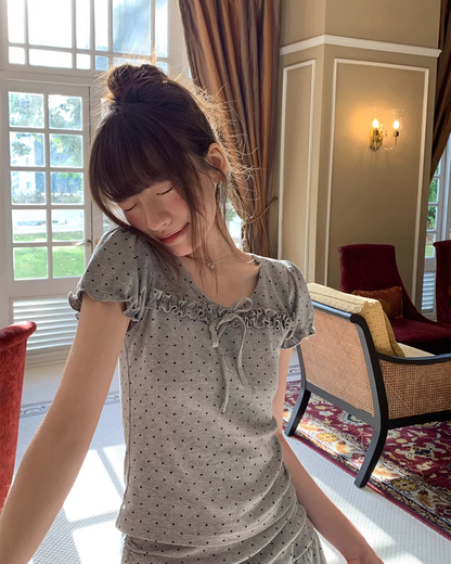 Polka Dots Gray Ribbon T-shirt &  Short Pants BU0178