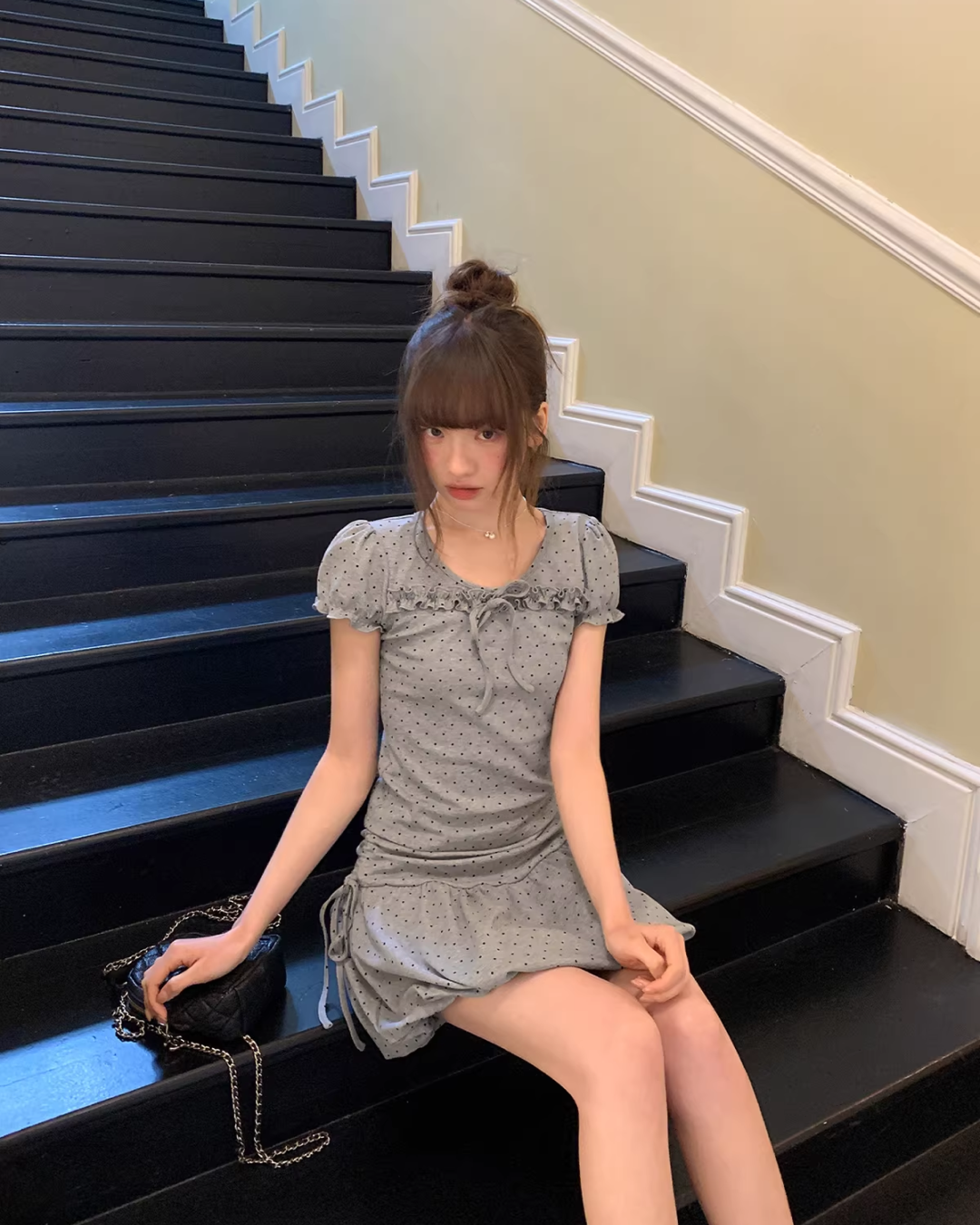 Polka Dots Gray Ribbon T-shirt &  Short Pants BU0178