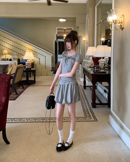 Polka Dots Gray Ribbon T-shirt &  Short Pants BU0178