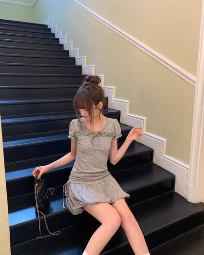 Polka Dots Gray Ribbon T-shirt &  Short Pants BU0178