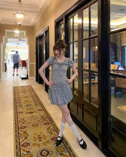 Polka Dots Gray Ribbon T-shirt &  Short Pants BU0178