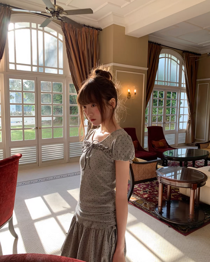 Polka Dots Gray Ribbon T-shirt &  Short Pants BU0178