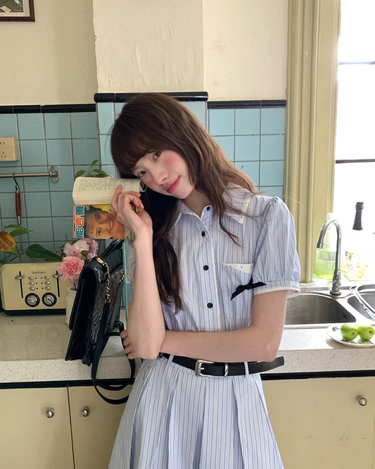Stripe Chest Ribbon Shirt Dress BU0211
