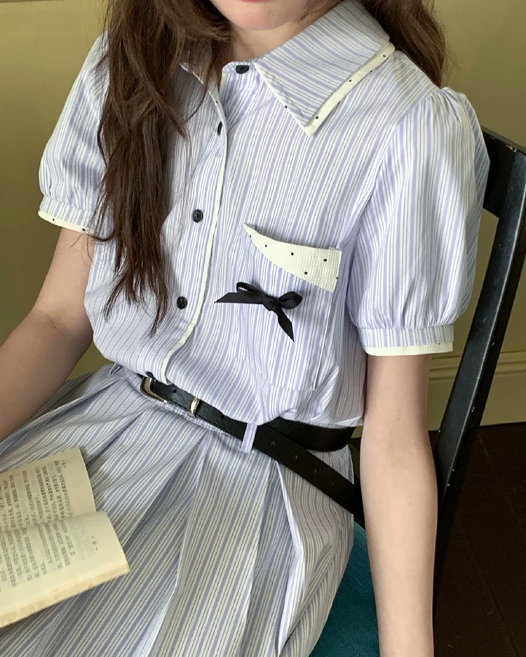 Stripe Chest Ribbon Shirt Dress BU0211