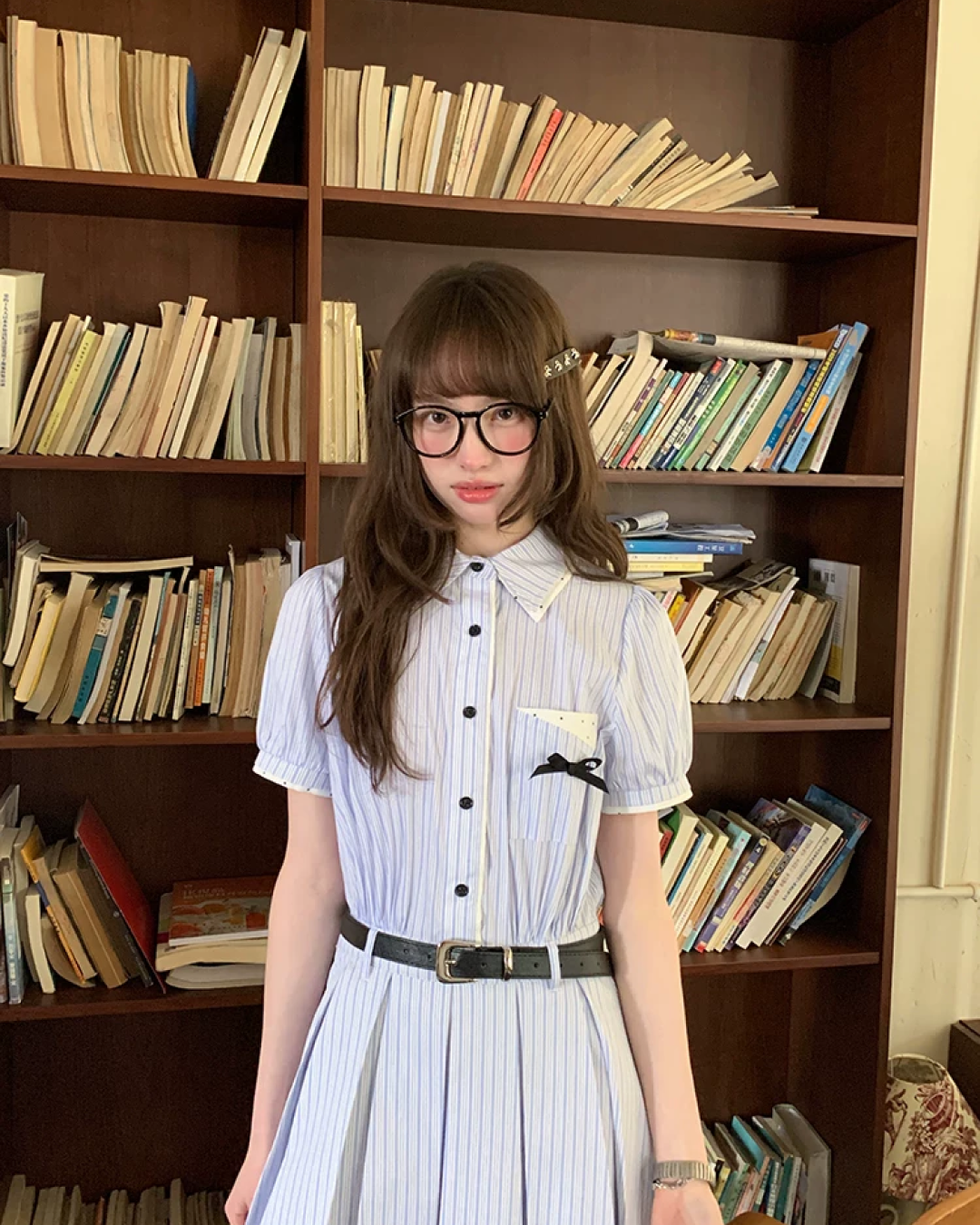 Stripe Chest Ribbon Shirt Dress BU0211