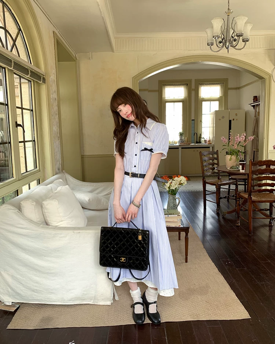 Stripe Chest Ribbon Shirt Dress BU0211