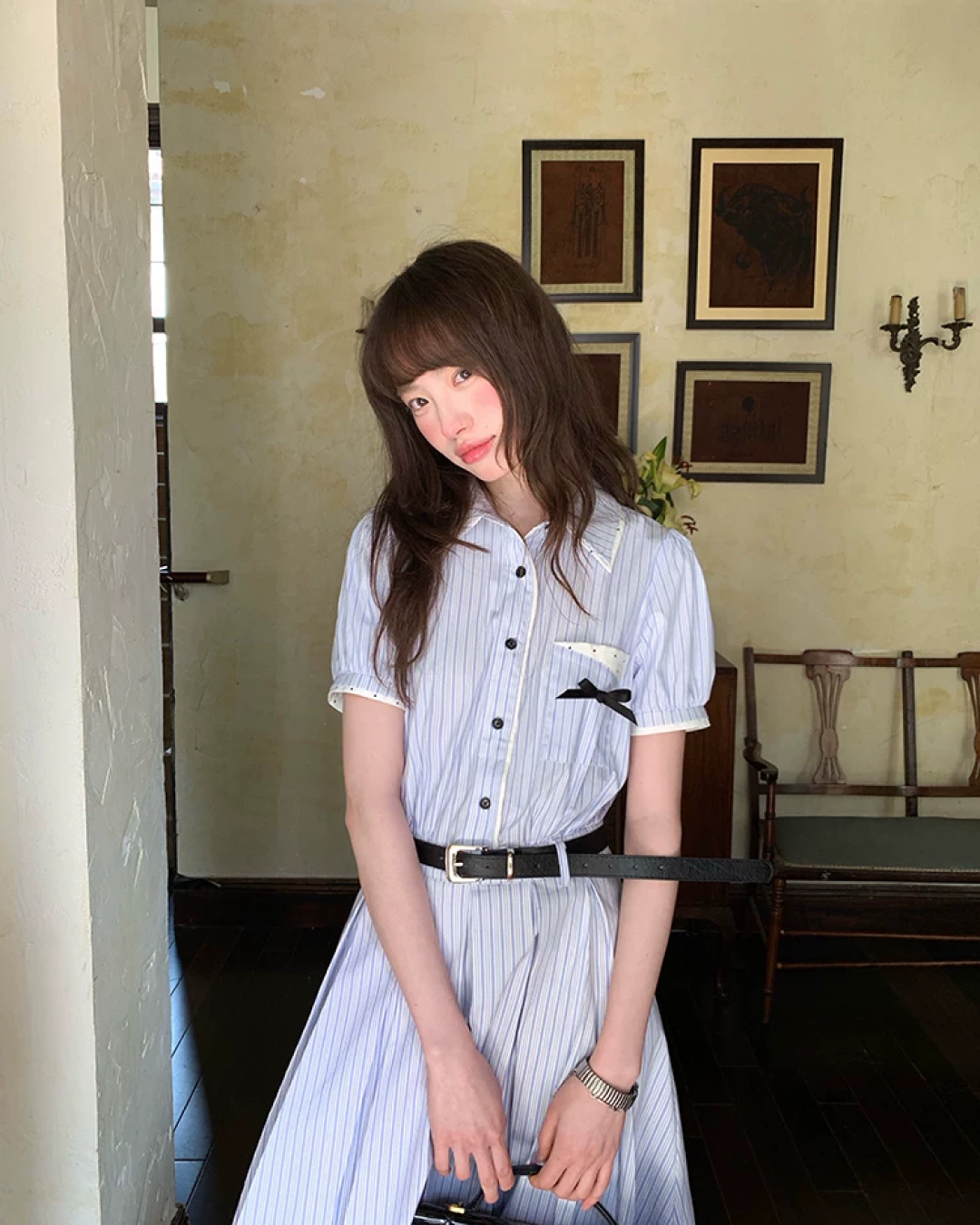 Stripe Chest Ribbon Shirt Dress BU0211