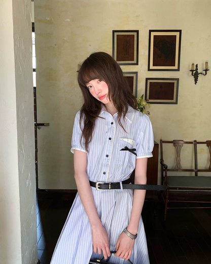 Stripe Chest Ribbon Shirt Dress BU0211
