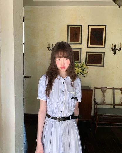 Stripe Chest Ribbon Shirt Dress BU0211