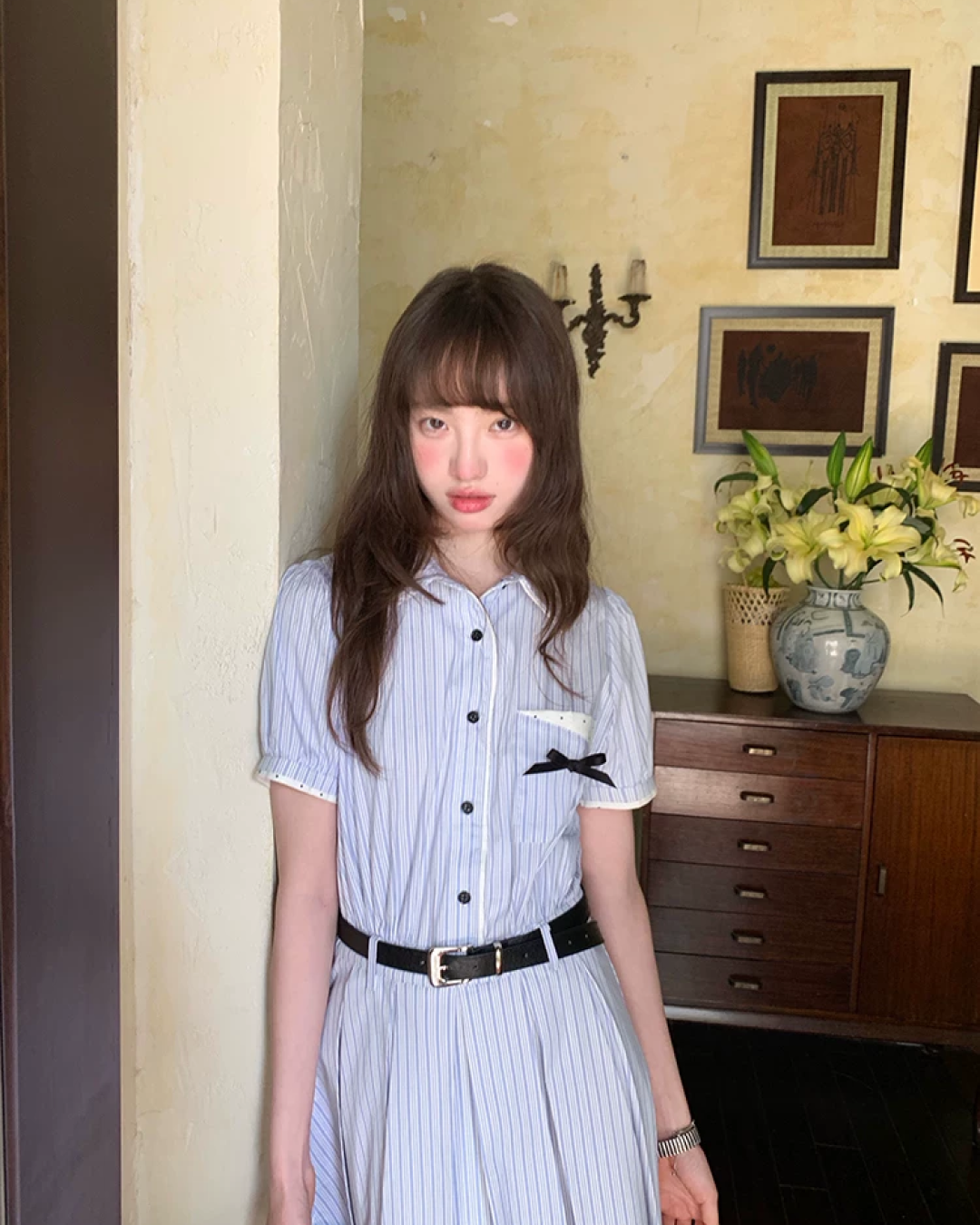 Stripe Chest Ribbon Shirt Dress BU0211