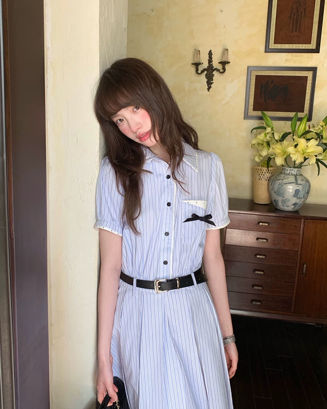 Stripe Chest Ribbon Shirt Dress BU0211