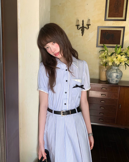 Stripe Chest Ribbon Shirt Dress BU0211