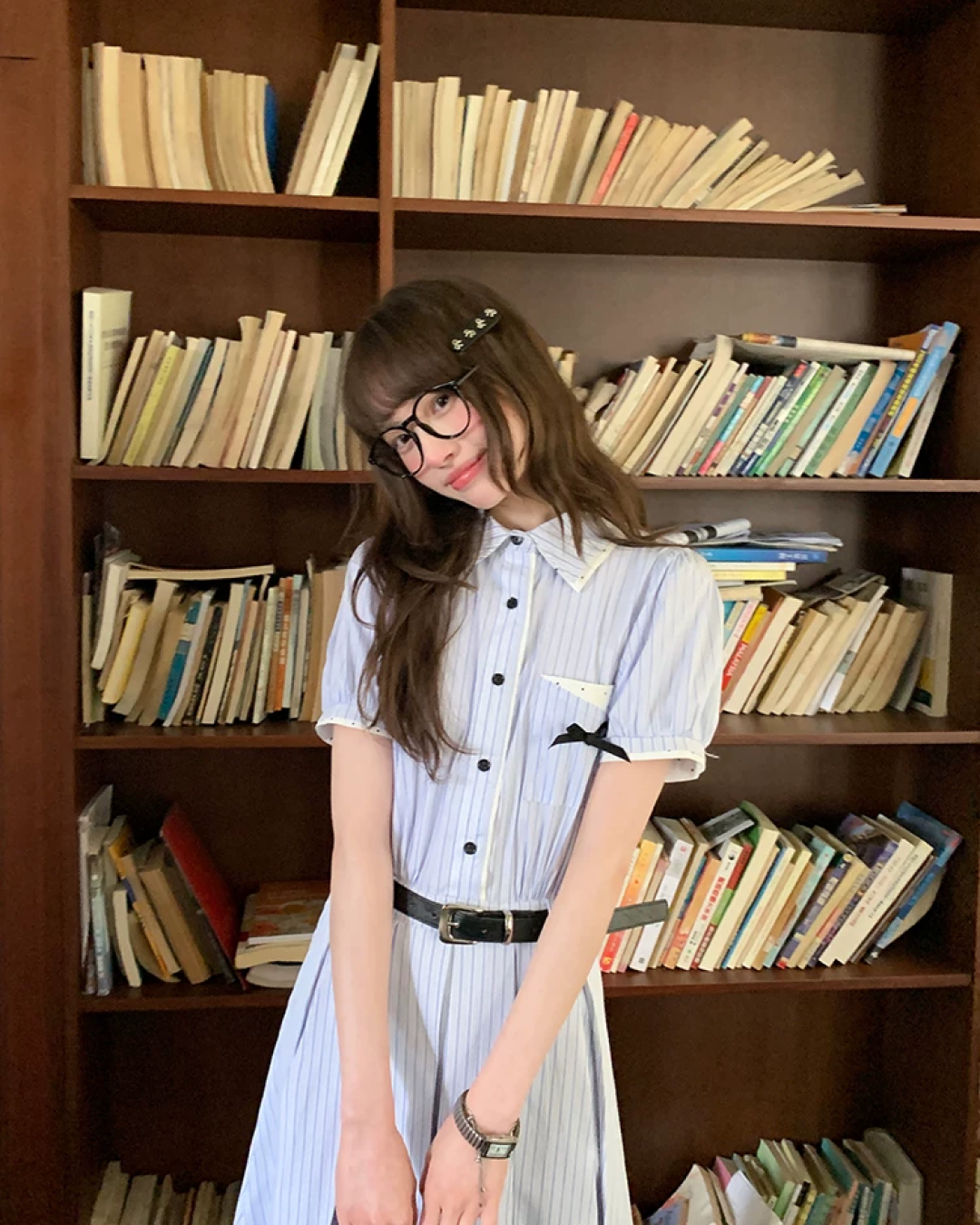 Stripe Chest Ribbon Shirt Dress BU0211
