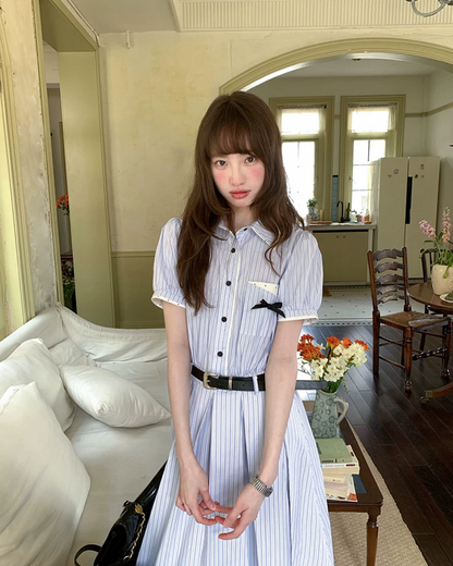 Stripe Chest Ribbon Shirt Dress BU0211