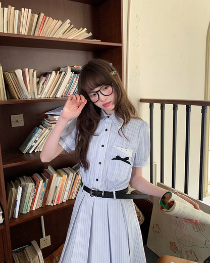 Stripe Chest Ribbon Shirt Dress BU0211