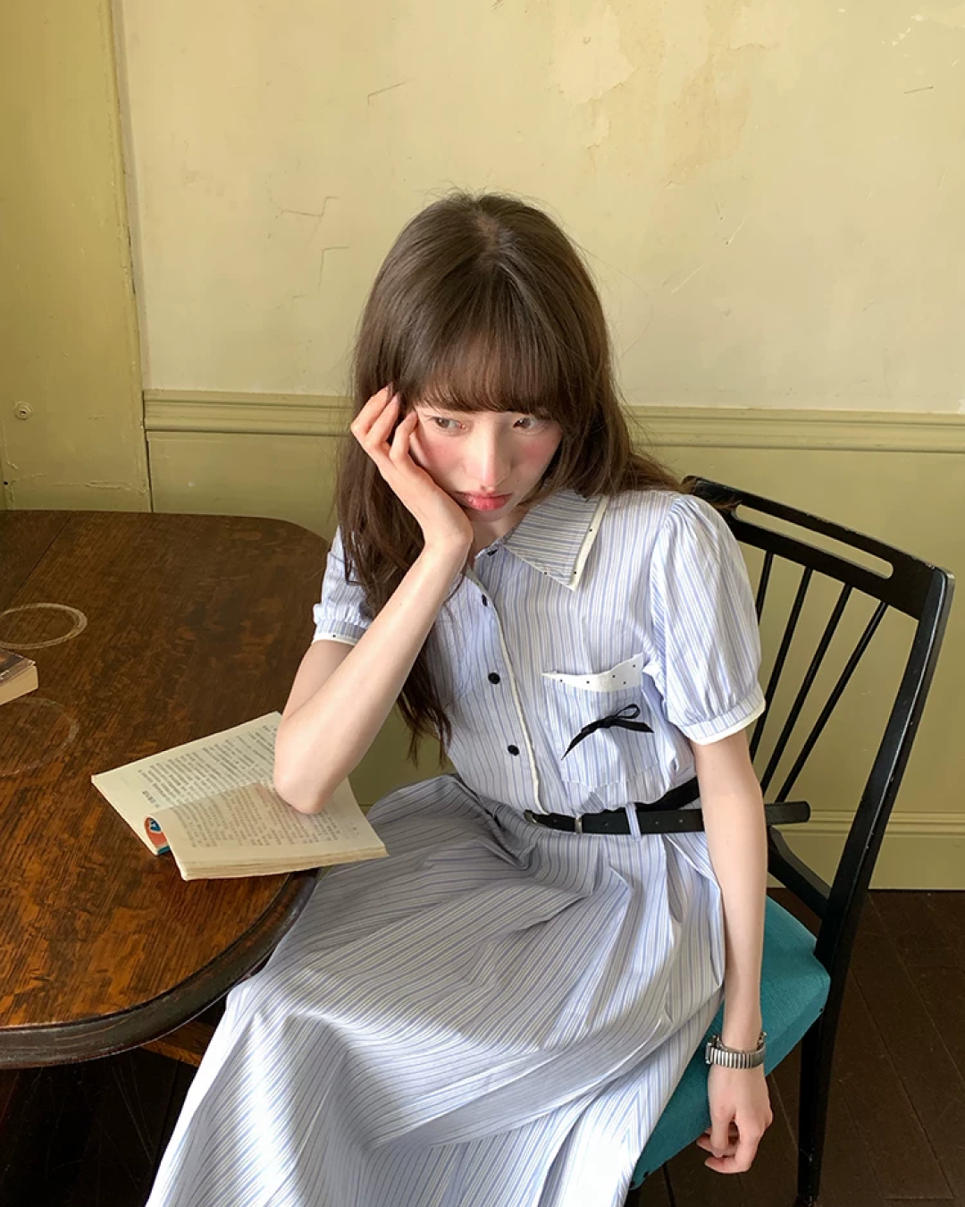 Stripe Chest Ribbon Shirt Dress BU0211