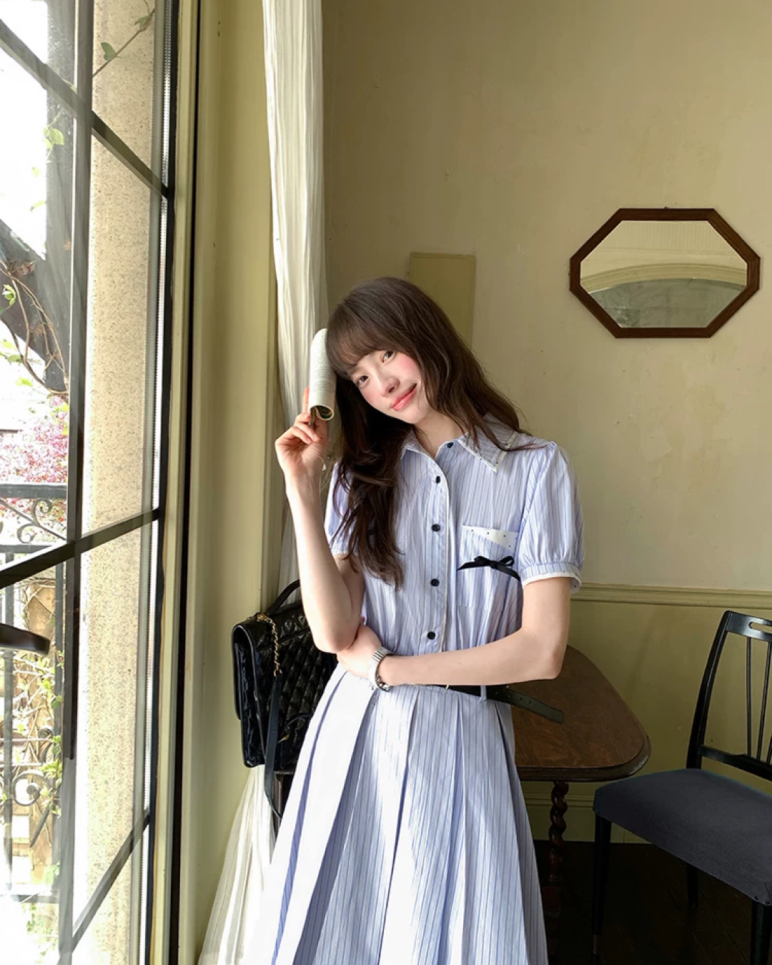 Stripe Chest Ribbon Shirt Dress BU0211