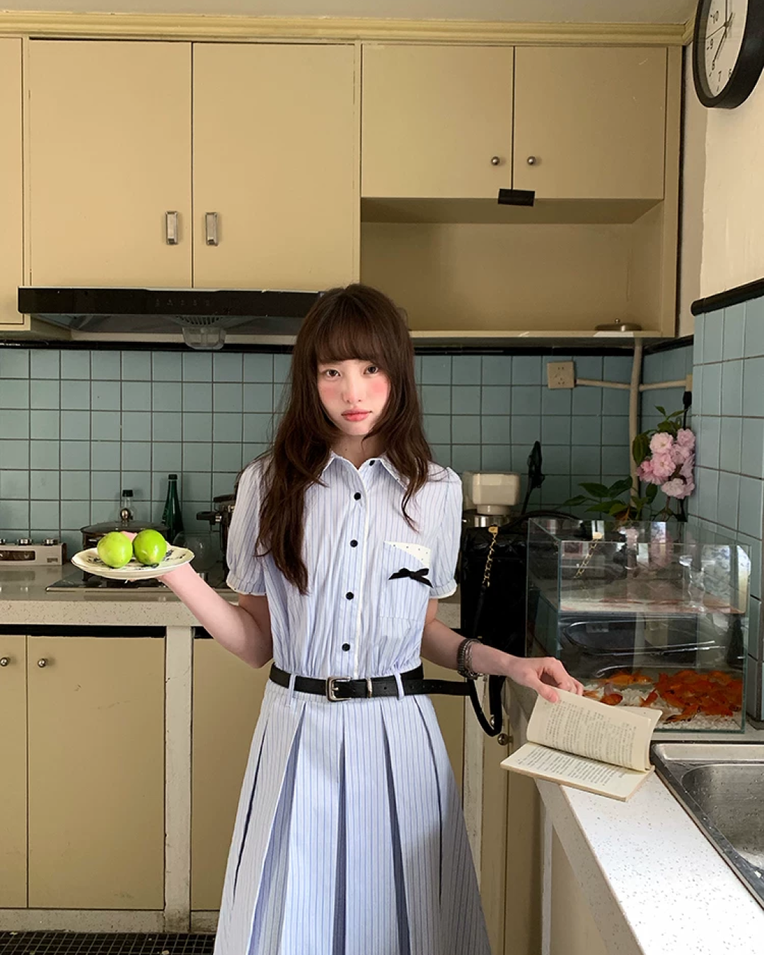 Stripe Chest Ribbon Shirt Dress BU0211