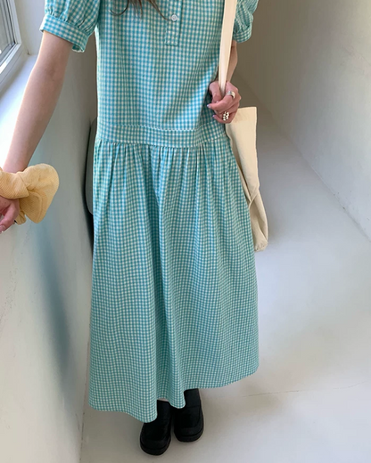 Green Plaid Pattern Long Dress BU0216