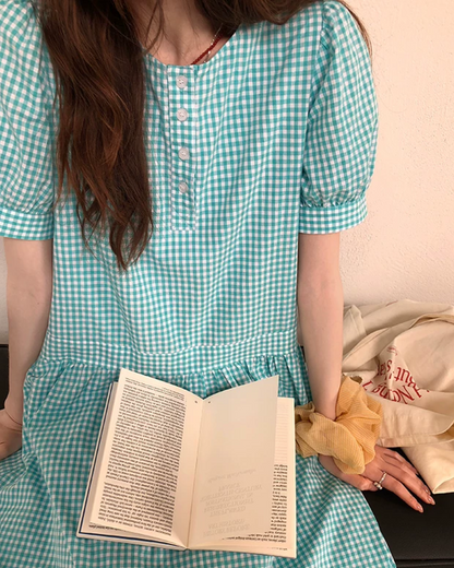 Green Plaid Pattern Long Dress BU0216
