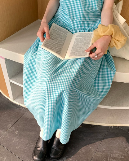 Green Plaid Pattern Long Dress BU0216