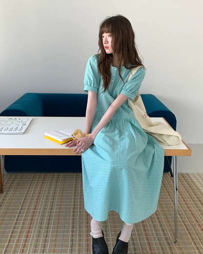 Green Plaid Pattern Long Dress BU0216