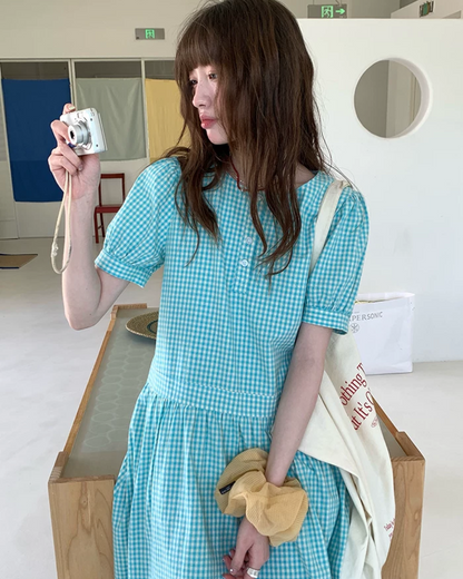 Green Plaid Pattern Long Dress BU0216