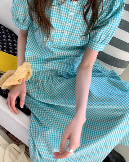 Green Plaid Pattern Long Dress BU0216