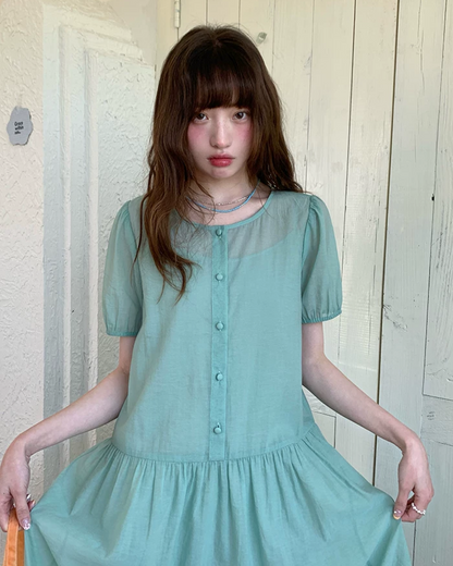 Button Short Sleeve Long Dress BU0217