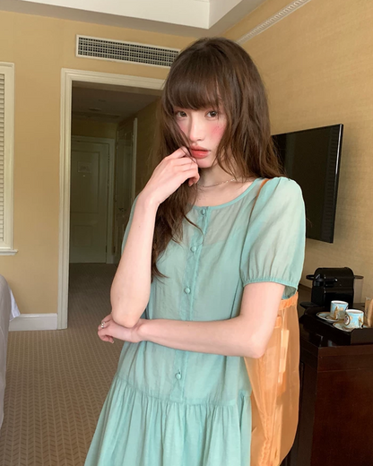 Button Short Sleeve Long Dress BU0217