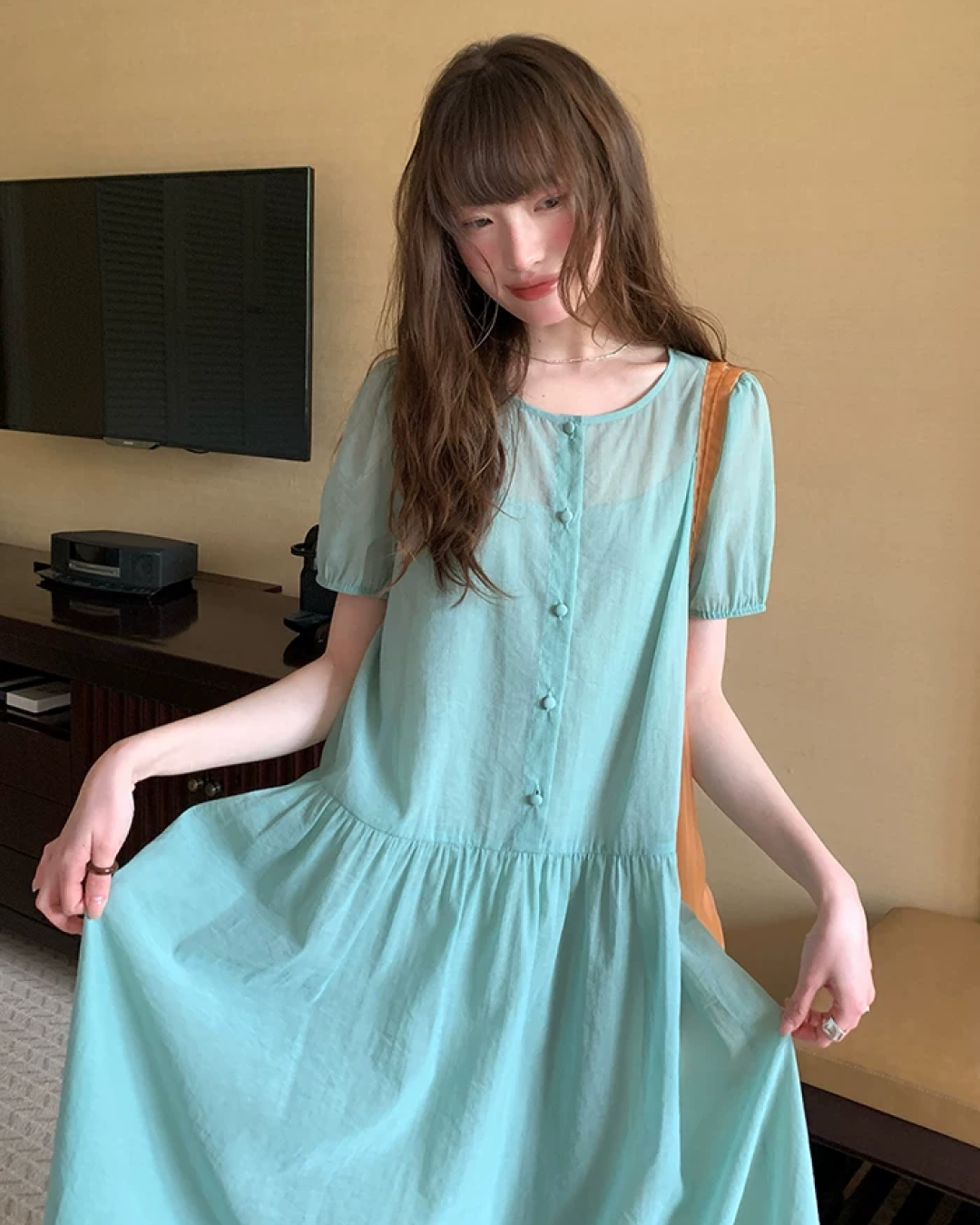 Button Short Sleeve Long Dress BU0217