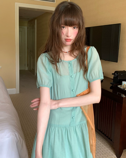 Button Short Sleeve Long Dress BU0217