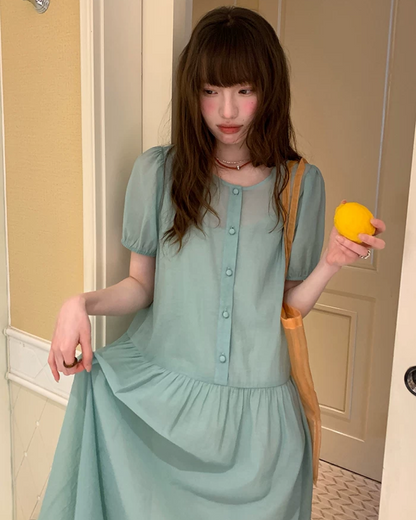 Button Short Sleeve Long Dress BU0217