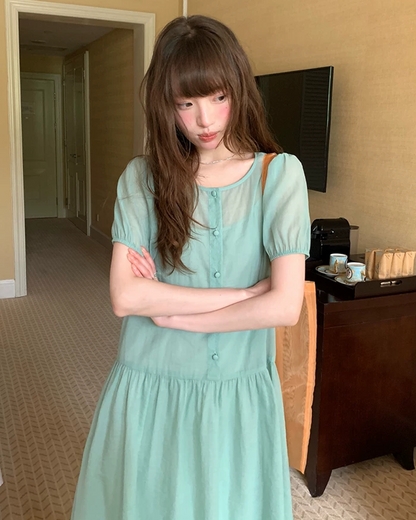 Button Short Sleeve Long Dress BU0217