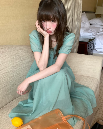 Button Short Sleeve Long Dress BU0217