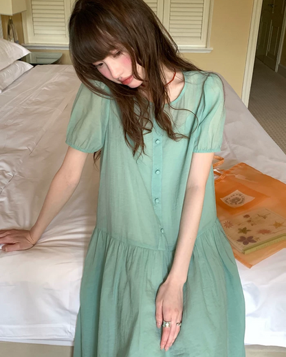 Button Short Sleeve Long Dress BU0217