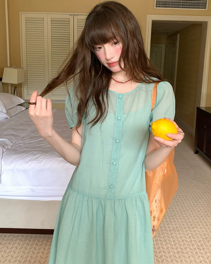 Button Short Sleeve Long Dress BU0217