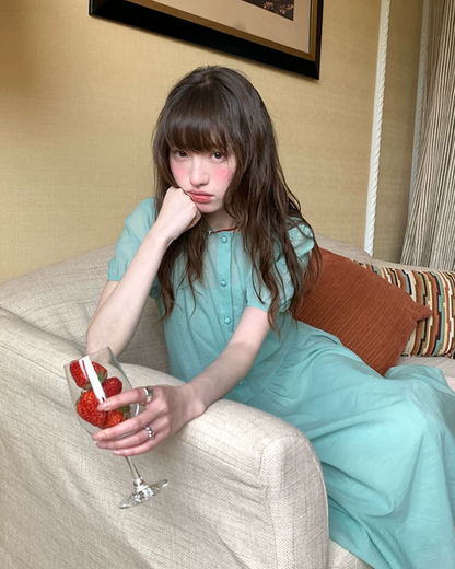 Button Short Sleeve Long Dress BU0217