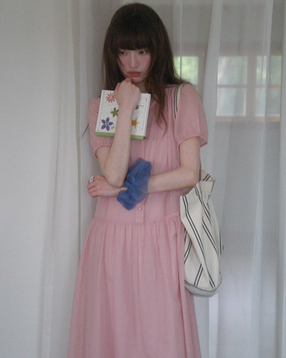 Button Short Sleeve Long Dress BU0217