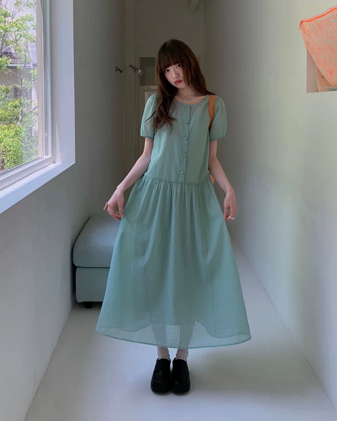 Button Short Sleeve Long Dress BU0217