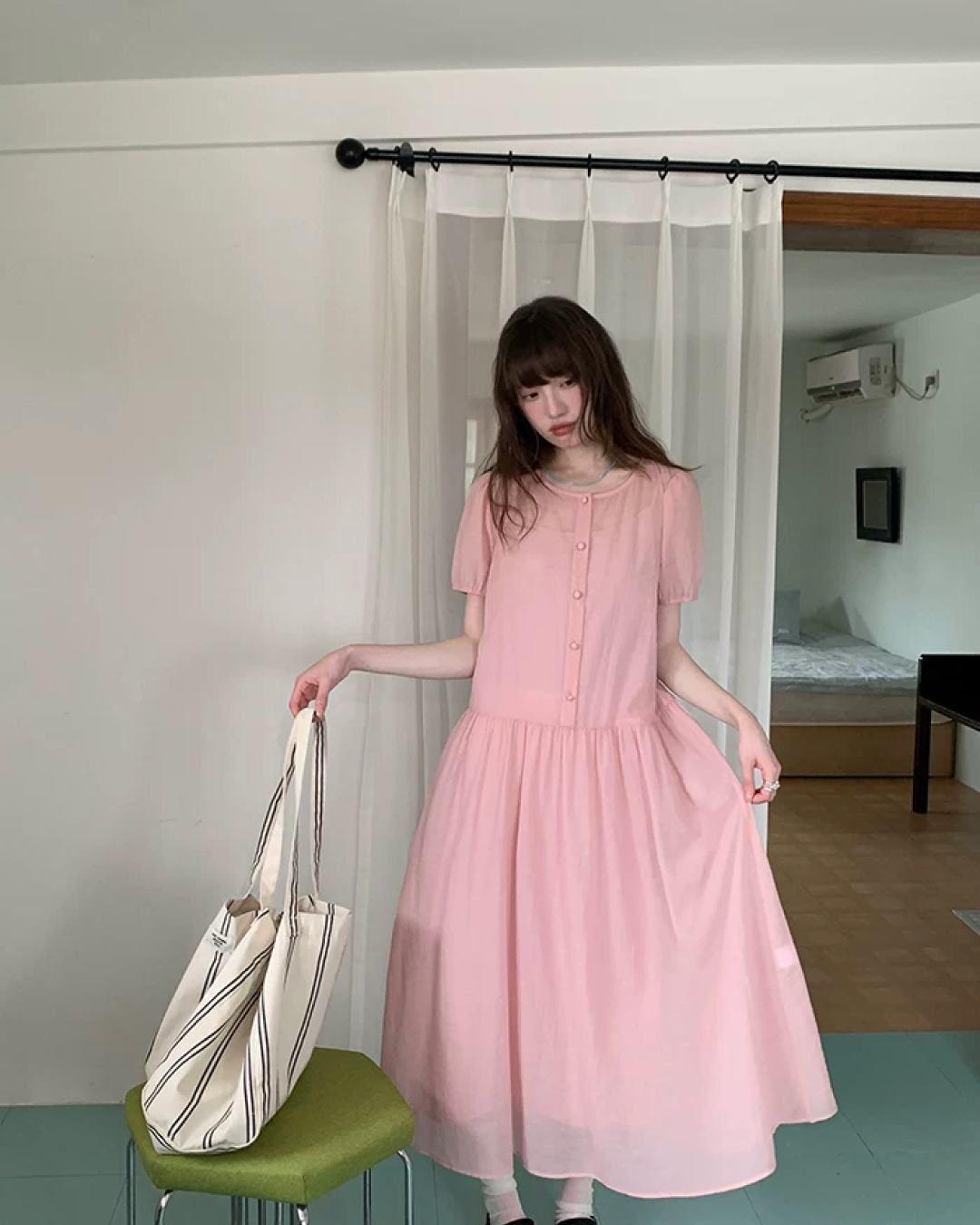 Button Short Sleeve Long Dress BU0217